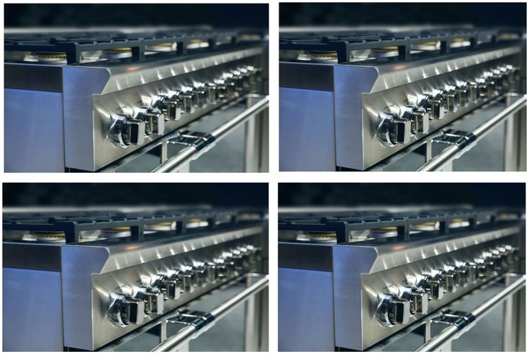 Collage consisting of  4  landscape oriented stainless steel analog dial controls for commercial kitchen range with oven